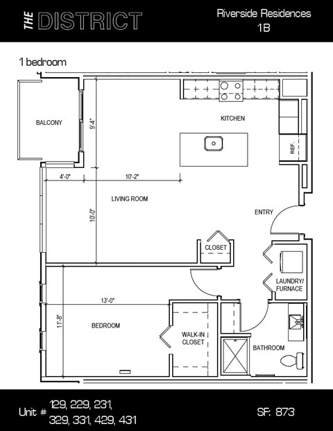Floor plan for 1 bed, 1 bath, 873 sqft